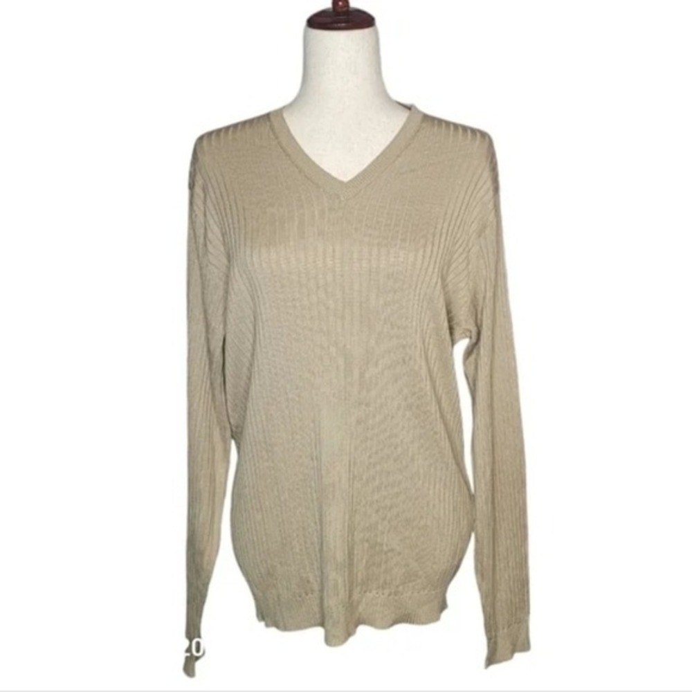 Glyder Womens Luxury Rib Sweater V-Neck Couture Knit Oatmilk Beige Large NEW